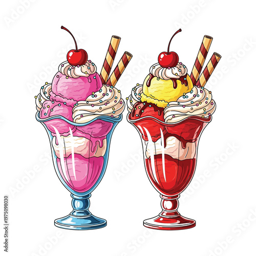 Delicious ice cream sundaes with colorful toppings and whipped cream