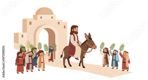Friendly cartoon illustration of Jesus riding a donkey toward a domed city gate while followers wave green palm branches along a dusty desert path.