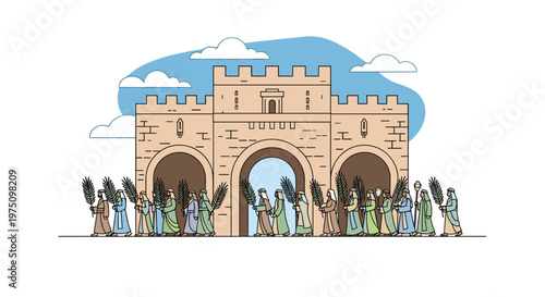 Detailed biblical illustration of a crowd of people in colorful traditional robes carrying palm branches through a massive three-arched ancient stone gateway.