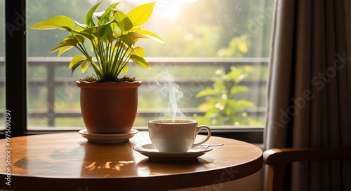 Steaming cup of coffee on wooden table by a sunny window with a potted plant