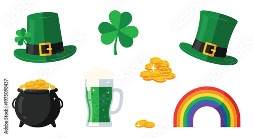 Festive St. Patrick's Day graphic elements including green leprechaun hats, a lucky four-leaf clover, a pot of gold, green beer, and a bright rainbow.