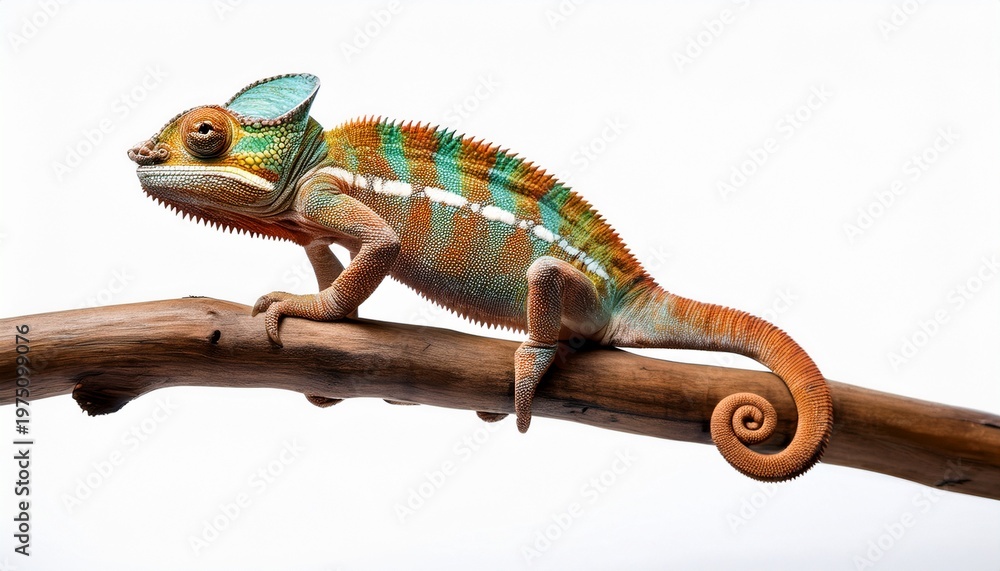 Fototapeta premium Chameleon Climbing On Branch White Isolated Background