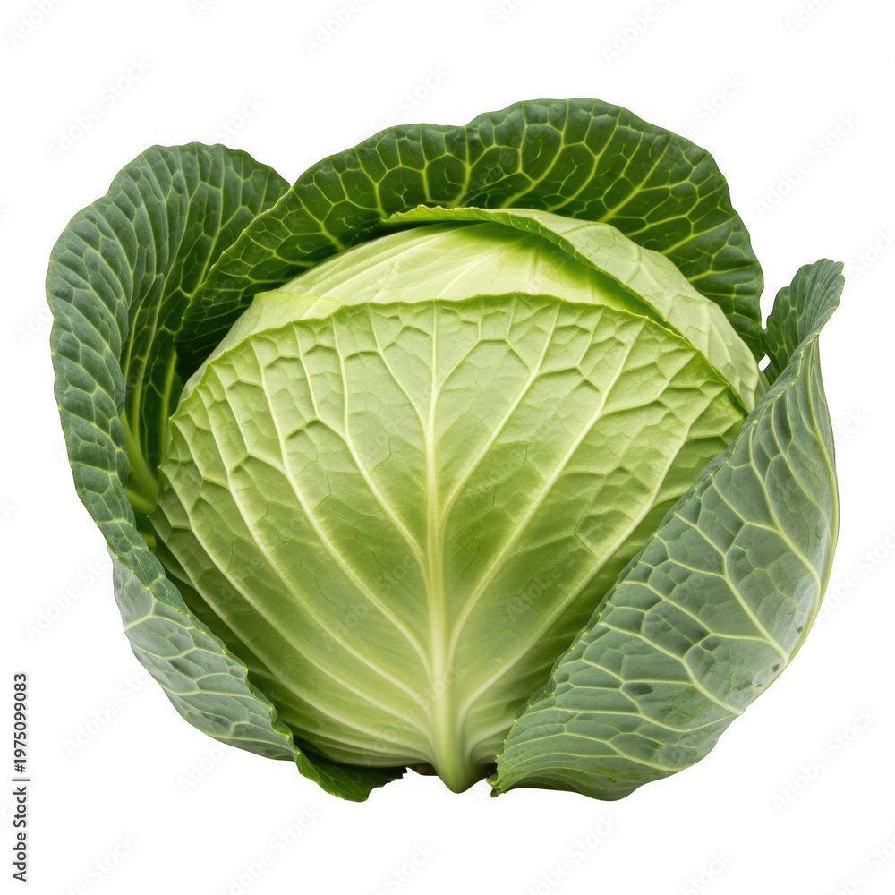 Fototapeta premium Fresh green cabbage with tightly packed leaves in a close-up view isolated on transparent background,png
