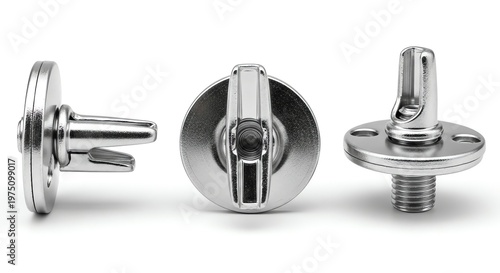 Three silver metal fasteners with different views on white background