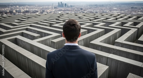 Man in suit faces a large, complex maze with city skyline in the distance