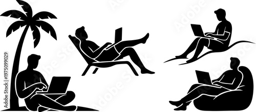 Digital nomad relaxing and working on laptop silhouette set, people using laptop on beach chair and outdoor workspace vector