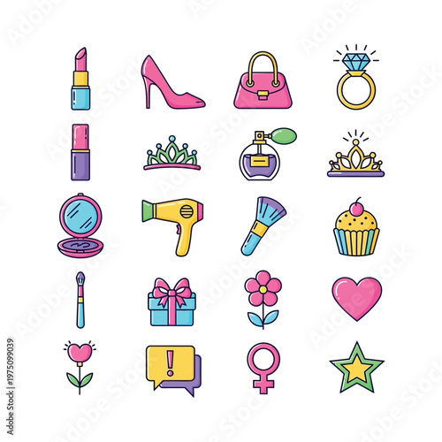 Colorful collection of stylish icons representing beauty, fashion, and celebration