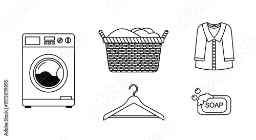 Minimalist black and white line art icons representing laundry tasks including a washing machine and a full basket are set against a white background.