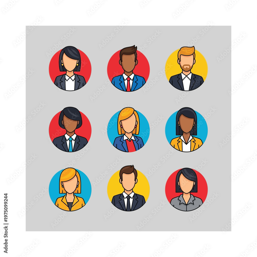Fototapeta premium Nine diverse professional icons with headsets and business attire in colorful circles