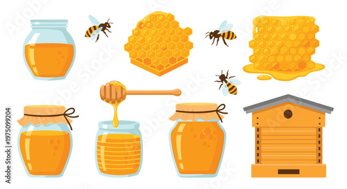Meticulous honey harvesting set featuring a small orange beehive and various glass jars filled with golden nectar alongside dripping hexagonal honeycomb wax.