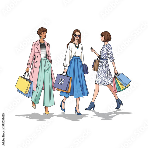Three stylish women walking with shopping bags in a city setting