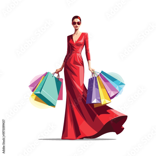 Elegant woman holding colorful shopping bags in a stylish red gown