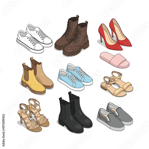 A diverse collection of stylish footwear illustrations for various occasions