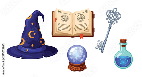 A collection of mystical wizardry artifacts including a pointed starry hat and an open grimoire rests against a clean white background with soft shadows.