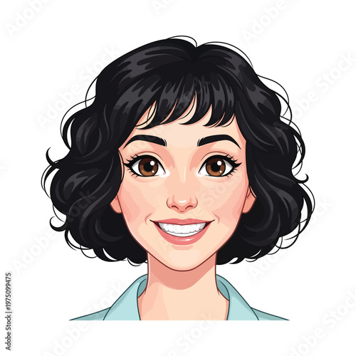 Cheerful woman with curly hair smiling warmly in a stylized illustration