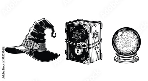 A detailed black and white woodcut style illustration of mystical artifacts including a classic pointed witch hat and a heavy locked ancient spellbook object.