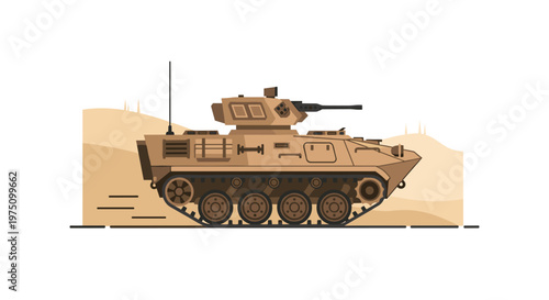 A detailed flat illustration of a tan armored military tank with heavy tracks and a powerful turret moving across a vast arid desert landscape scene profile.