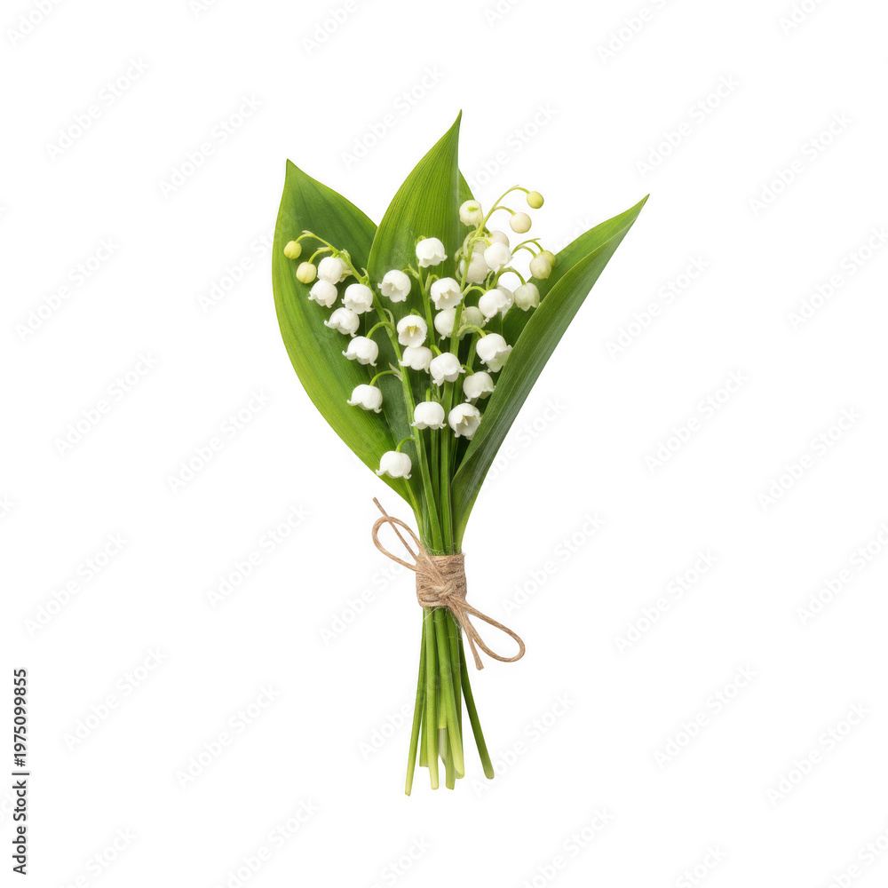 Fototapeta premium Bouquet of lily of the valley flowers tied with twine isolated on a transparent background