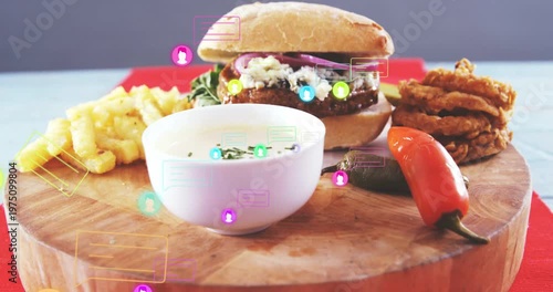 Avatar icons entering from edges, drifting across board, clustering near burger bowl, showing buzz