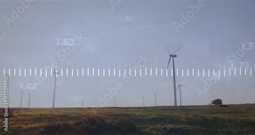 Wind gusts starting turbines rotating and orange waveform rising, visualizing numeric readouts