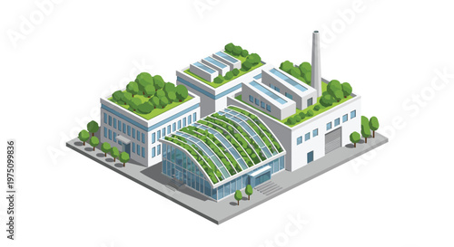 A meticulous isometric illustration of a sustainable modern factory complex featuring lush rooftop gardens and advanced eco-friendly architectural design elements.