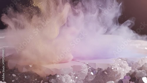 Vibrant Colorful Smoke Swirling Over Beautiful Sparkling Raw Amethyst Crystal Geode Surface Luxury Abstract Background Design