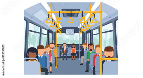 Dynamic illustration of diverse passengers commuting inside a public bus with bright yellow handrails and hanging straps against a soft city background view.