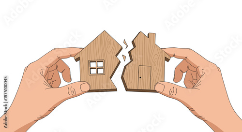 Detailed graphic showing two hands separating a fractured wooden house icon into two distinct pieces against a bright white background with warm skin tones.