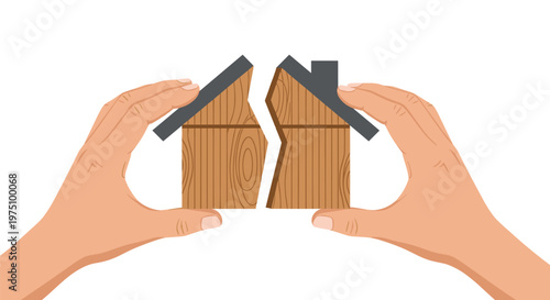 Two human hands carefully hold the separate pieces of a fractured wooden house model against a clean white background during a property division process.