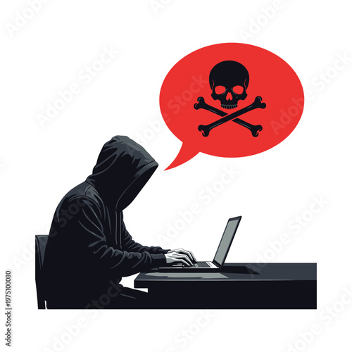 Mysterious hacker with a sinister digital threat displayed on screen