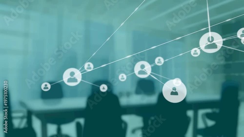 Animated network starting at right and top, expanding over boardroom table, showing business links