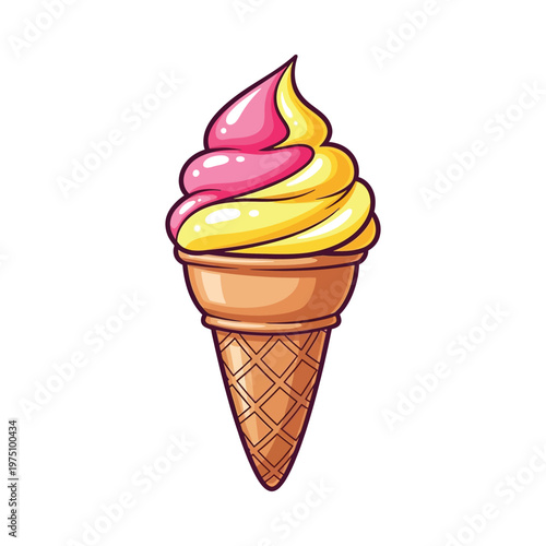 Delicious ice cream in a classic waffle cone with two scoops of contrasting flavors