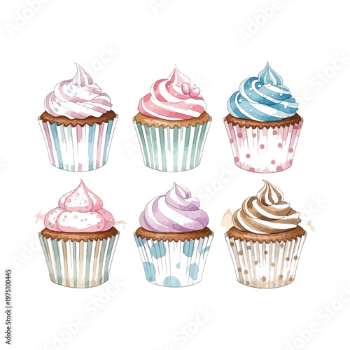 Colorful watercolor cupcakes with swirled frosting and decorative wrappers