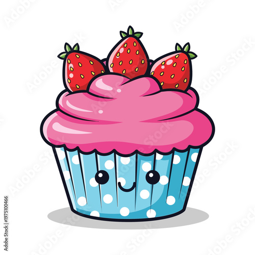 A cute cartoon cupcake topped with strawberries and a smiling face on the wrapper