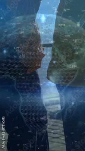 Vertical video: Cam panning, senior pair walking pier, joining hands, globe showing health and bond