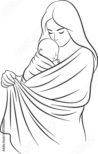 Mother embracing baby with a blanket line drawing embracing affection