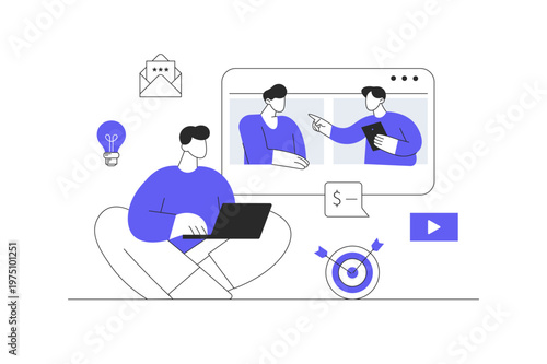 Man with laptop have videoconference with colleagues, clients or friends. Online meeting, web conferencing, virtual call. Flat Cartoon Vector Illustration, icon Stylish abstract design landing page 