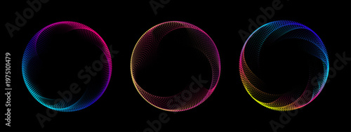 Abstract circular waves dots with neon gradient rings create dynamic tech visualization with radial lines flowing through vibrant rainbow spectrum and glowing geometric forms