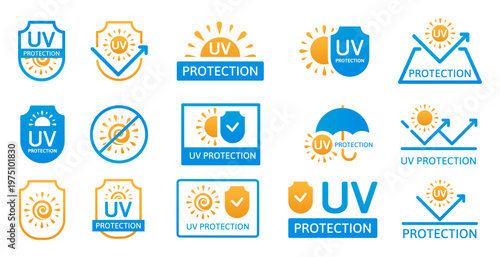 Uv protection icons collection featuring shields, suns, and umbrellas