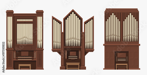 Three classic pipe organs with wooden casings and multiple pipes