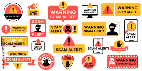 Warning signs and symbols for scam alerts in various designs