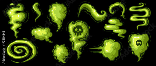 Set of glowing green cartoon gas clouds with skull elements on black background