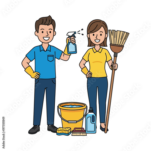 A cheerful couple engaged in enthusiastic home cleaning activities together