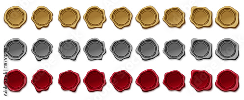 Gold, silver, and red wax seals collection arranged in rows