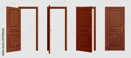 Four wooden doors in various open positions on plain background