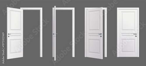 White wooden doors in various open and closed positions