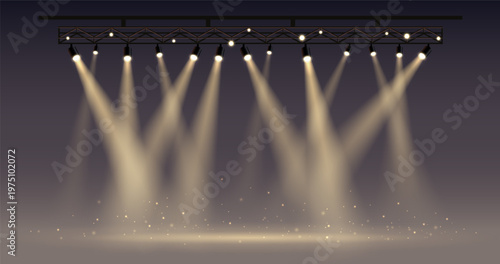 Stage lights illuminating empty theater with spotlight beams and dust particles