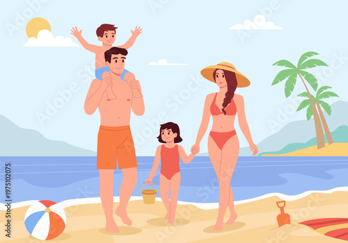 Happy Family with Children Going to Sand Beach Enjoying Summer Vacation. Tropical Travel Concept. Flat Vector Illustration.