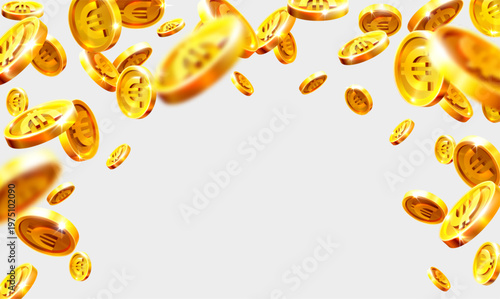 Floating gold coins on white background with depth and motion