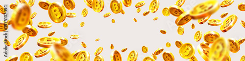 Flying bitcoin coins on white background cryptocurrency concept